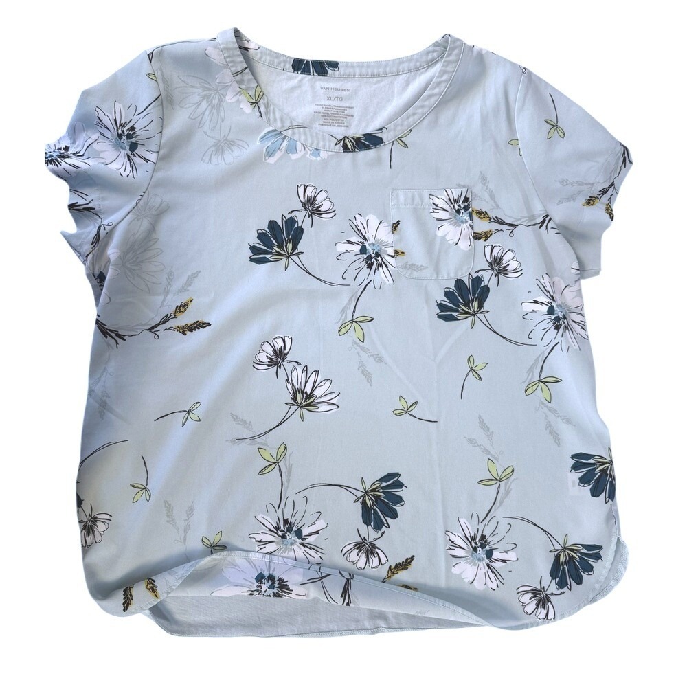 Van Heusen Top Womens XL Blue Floral Short Sleeve Mixed Media Pocket Blouse